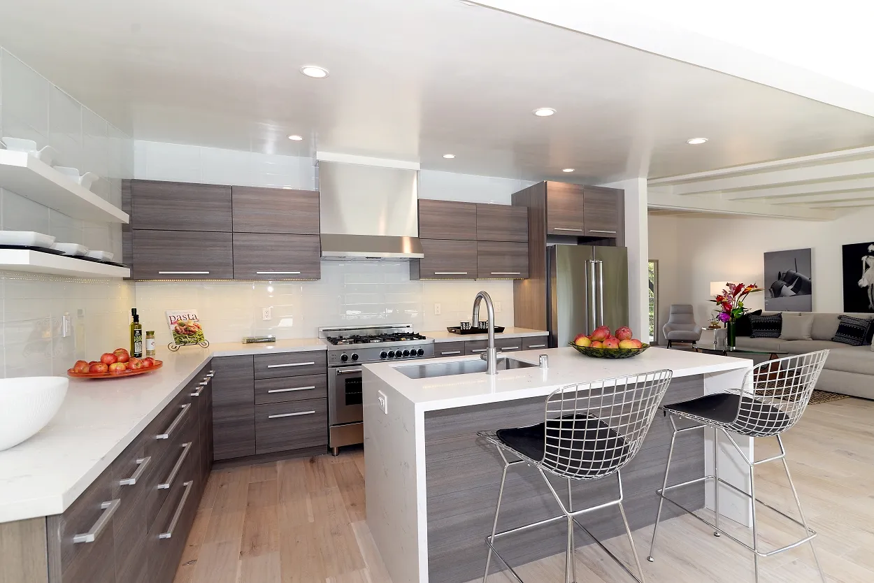 Remodeled kitchen with modern finishes at the Ivy Project